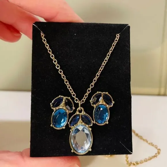 AVON MIDNIGHT INK PENDANT NECKLACE AND EARRING SET BLUE GOLDTONE NWT - Picture 9 of 9